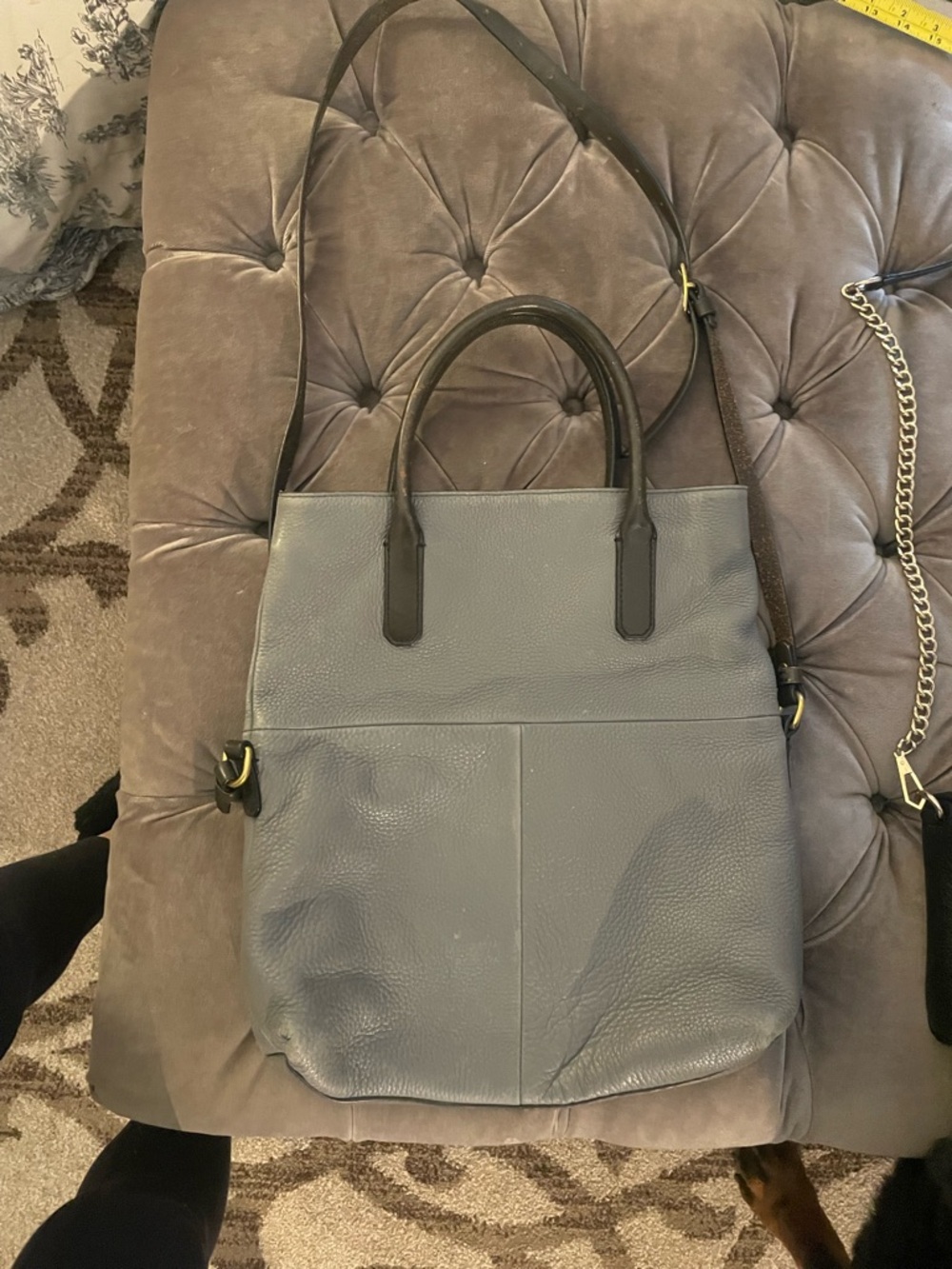 J. Crew Gray Leather Tote with Dark Brown Trim